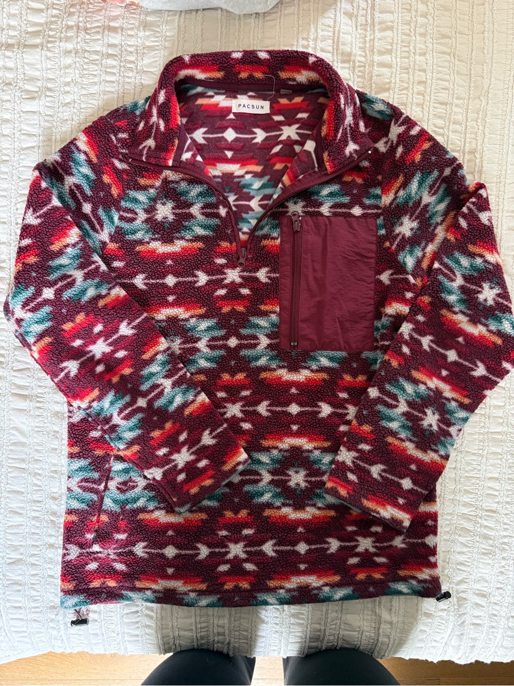 PacSun Maroon Aztec Sherpa Quarter-Zip Pullover